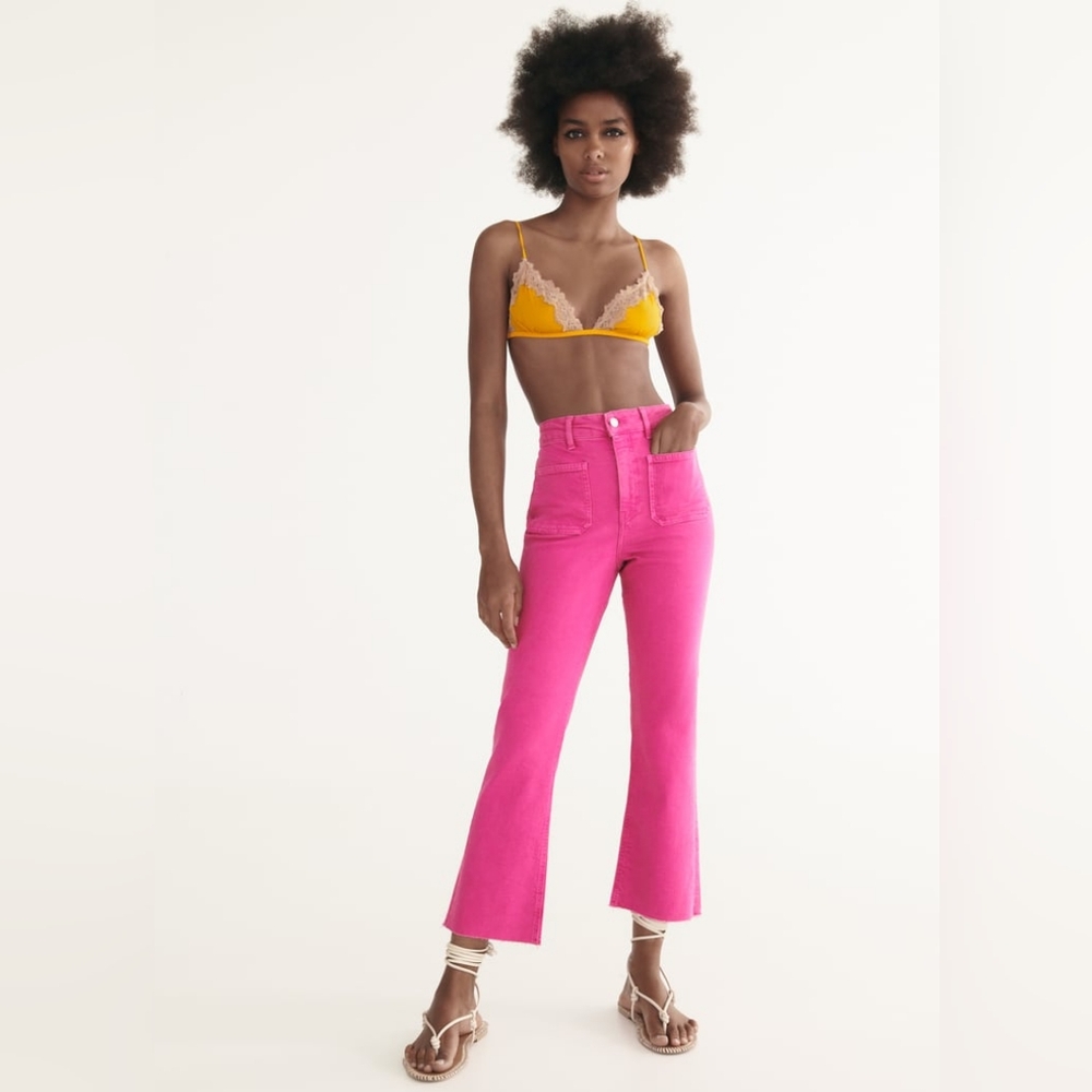 ZARA The Sailor Vibrant Pink Denim Frayed Hem Cropped Jeans Size 2 - Picture 3 of 10